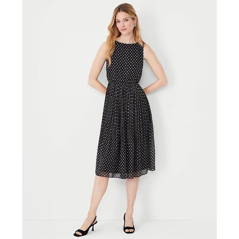 Ann Taylor Pleated A Line Floral Midi Dress Size 0 Black Sleeveless Elegant NWT